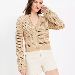 LOFT Tan Cropped Cardigan Sweater with Open Knit